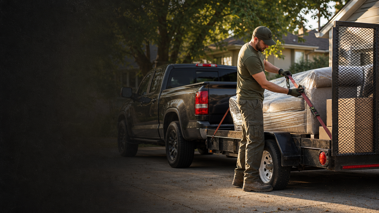 A hauler secures a wrapped sofa on a utility trailer behind a pickup truck.