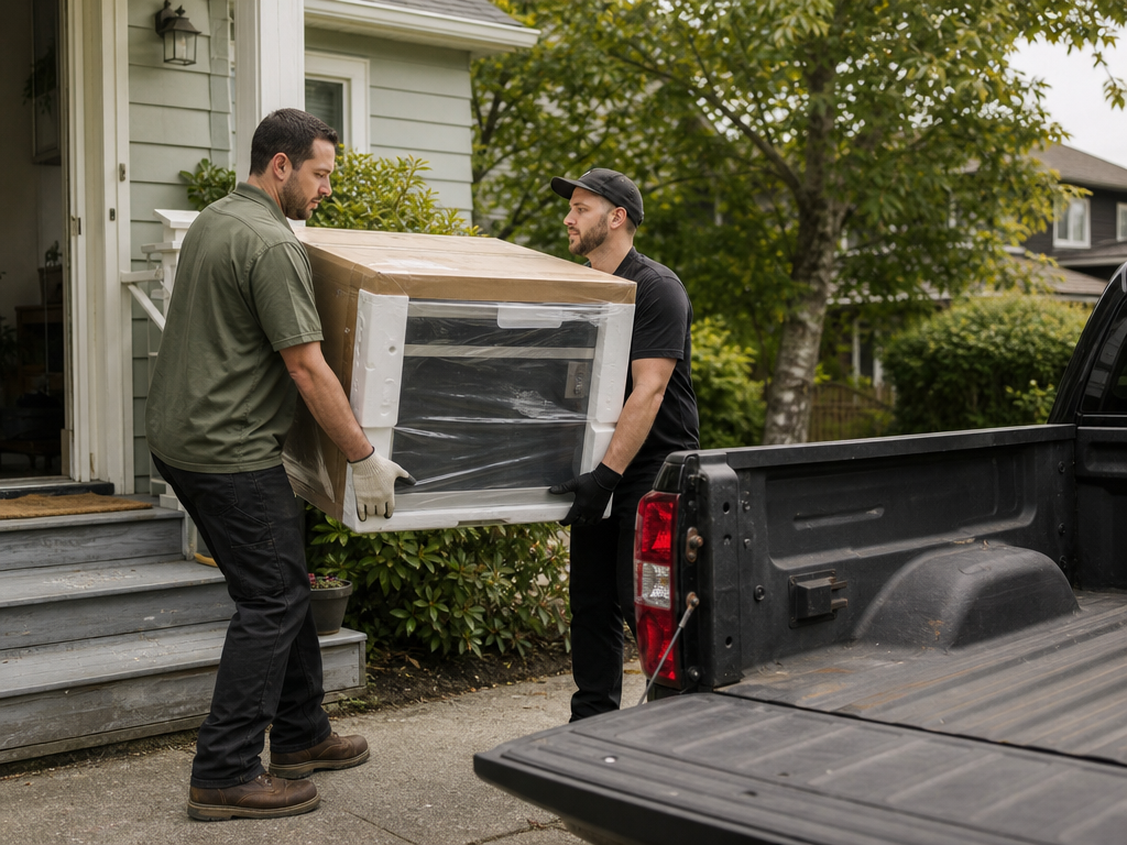Two haulers carry a boxed appliance toward a pickup truck.